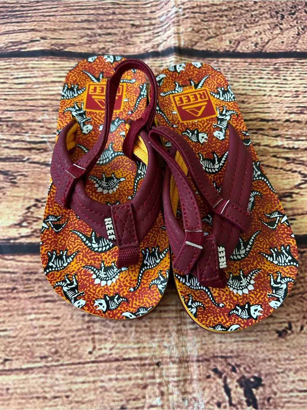 Reef Kids Little Ahi Red Dino Skeleton Flip Flops Sandals Back Strap